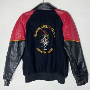 Vintage Black Red Leather & Wool Bourbon Street Saloon Edmonton AB Bomber Jacket